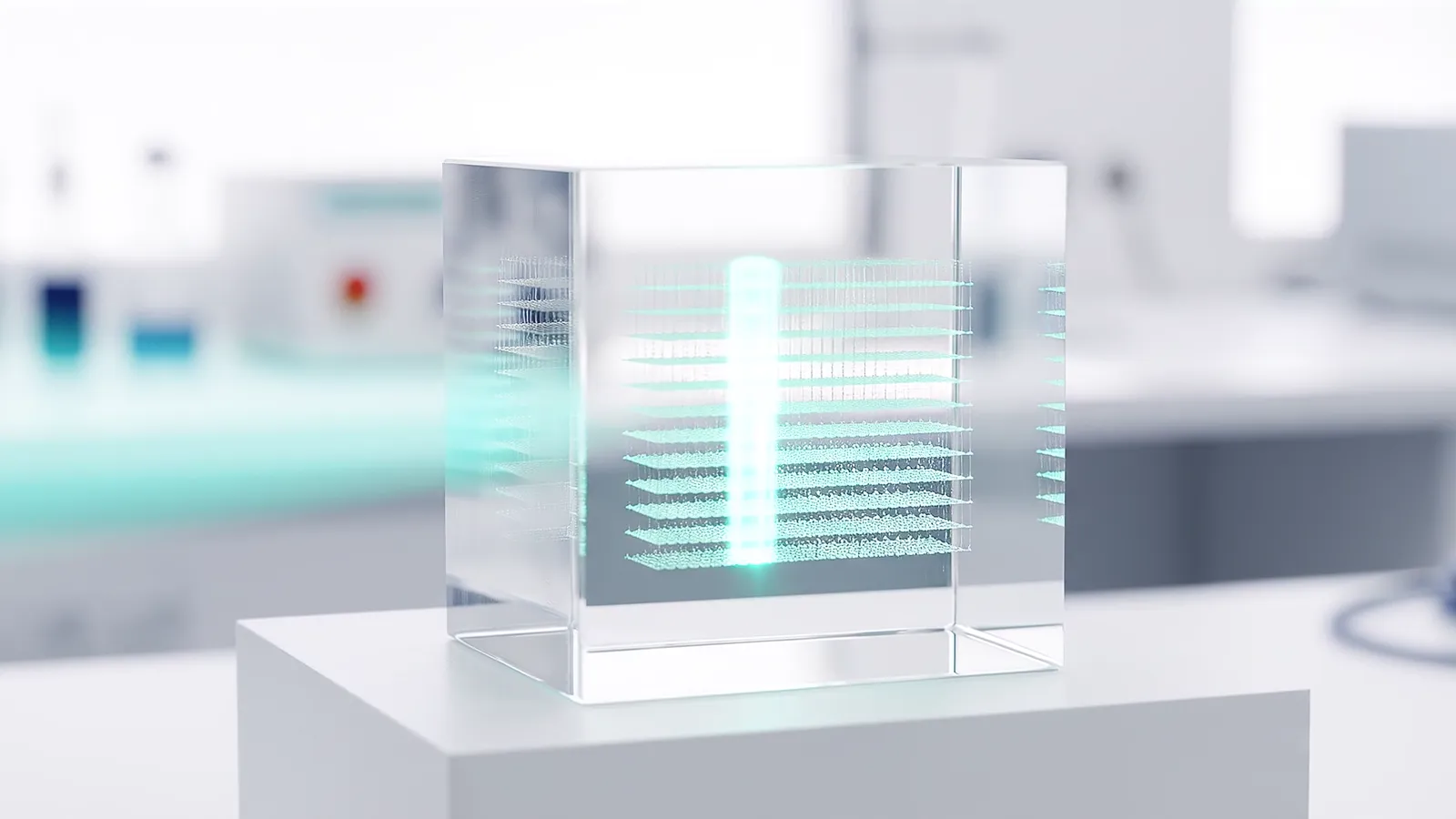 A clear crystal archive with one column of cells lit teal