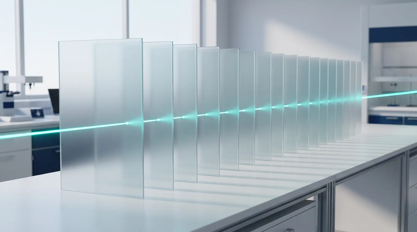 A single teal filament runs unbroken through a long row of frosted glass panes