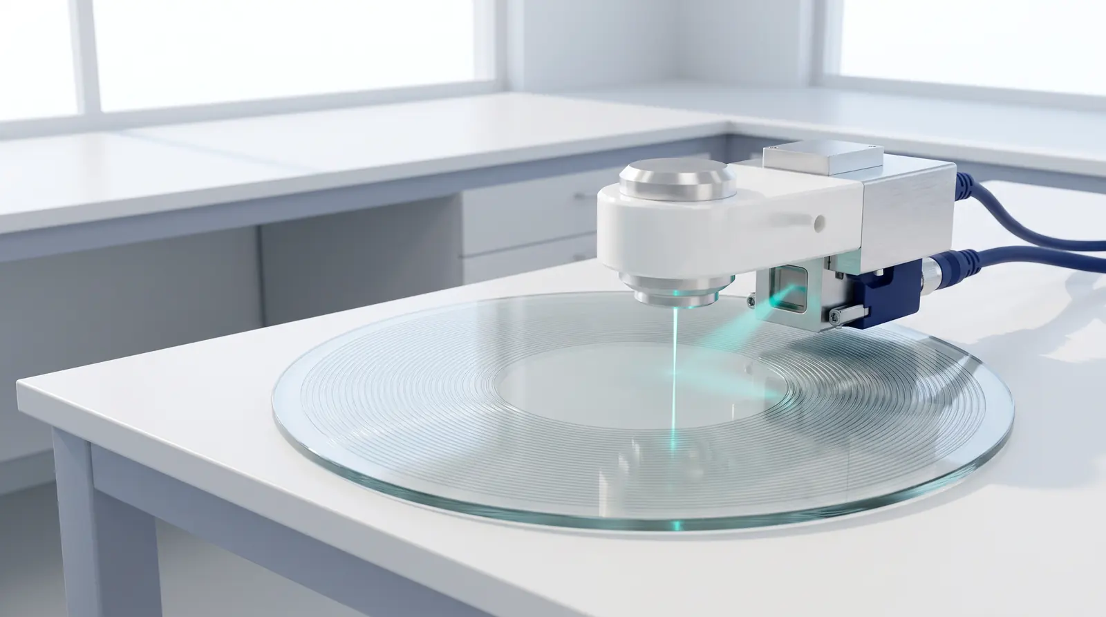 A precision read head reading one track of an etched glass disc with a thin teal beam