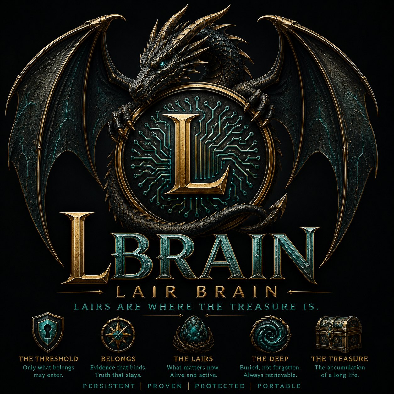 LBrain brand poster — the dragon emblem and the core concepts